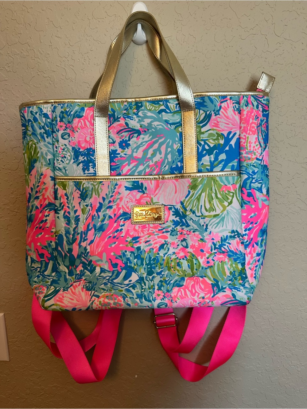 Lilly Pulitzer Bright Multicolor Floral Backpack with Gold Handles-Large